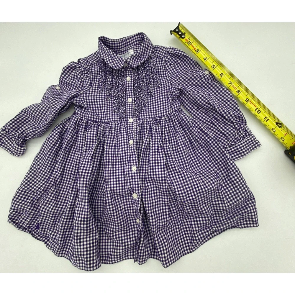 Ralph Lauren Purple Gingham Ruffle Front Cotton Dress 24M Toddler Girls Long Slv
